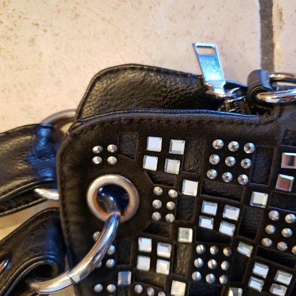 Black Leather Purse With Rhinestone Accents, Geometric Pattern - Picture 3 of 9